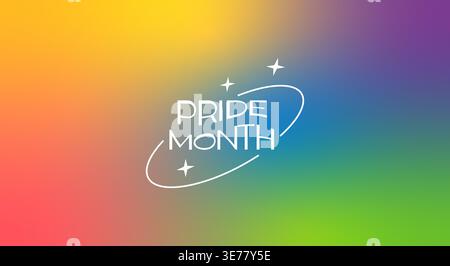 Pride Month banner with rainbow gradient background. Vibrant LGBTQ celebration header with retro typography, white stars, and orbit ring for social Stock Vector