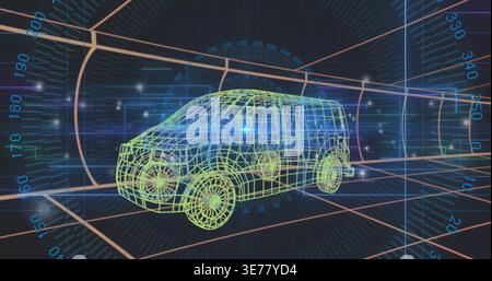 Displaying lime-green wireframe SUV floating above grid in virtual workspace, with HUD scales Stock Photo
