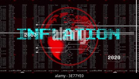 Displaying cyan pixelated headline over red globe on dashboard, showing 2003 and 2020 ERROR logs Stock Photo