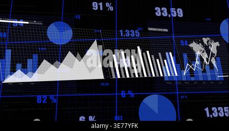 Displaying data dashboard on dark blue grid, showing area chart, bar chart, world map, percentages Stock Photo