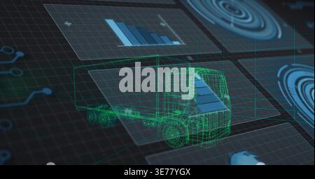 Rendering 3D wireframe articulated truck rotating in virtual dashboard, with blue bar charts Stock Photo