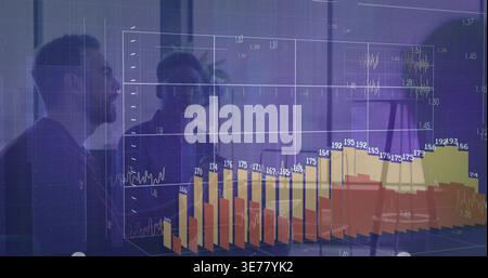 Analyzing two men in dark tops studying 3D financial chart in glass conference room Stock Photo