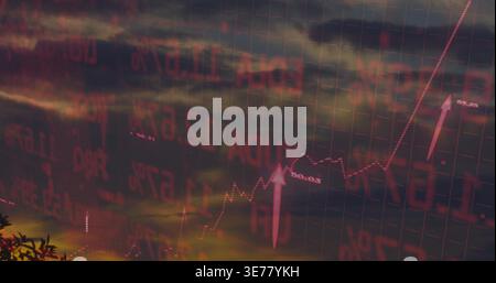 Displaying transparent grid over sunset sky, showing red labels, dotted line, upward arrows, branch Stock Photo