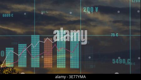 Displaying bar chart with teal-and-orange bars over twilight sky, showing magenta or white lines Stock Photo