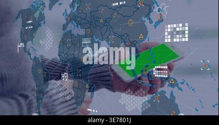 Tapping white smartphone screen with hand and forearm wearing grey sweater in workspace with AR HUD Stock Photo