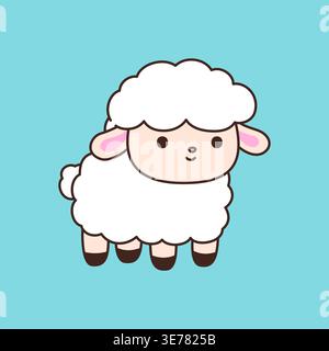 Single cute kawaii white sheep character standing on teal background vector illustration Stock Vector