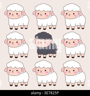 Cute kawaii sheep collection with one black sheep among white sheep vector illustration Stock Vector
