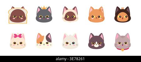 Collection of cute kawaii cat faces wearing crowns bows and accessories in various breeds and colors vector clipart set Stock Vector
