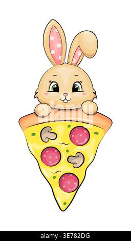 Cute cartoon Bunny and a slice of pizza. Vector illustration of animal and food on a white background. Stock Vector