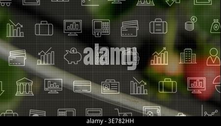 Displaying repeating financial icon grid overlay covering center of frame, with white line icons Stock Photo