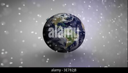 Floating real Earth globe showing Americas rotating above CGI gradient, with white bokeh, soft halo Stock Photo