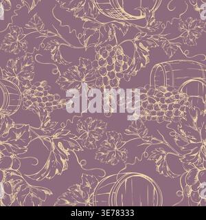 Mediterranean viticulture, graphic oak aging barrel casks for wine cellar storage, grapevines with leaves and spiraling shoots. Seamless pattern ink Stock Vector