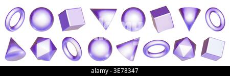 3D purple shapes, holographic rectangular element. Metal icon sphere ball with triangular cone. Solid y2k rainbow pyramid circle. Math geometric objec Stock Vector