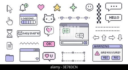 Pixel ui icon set featuring cursor chat windows hearts buttons and retro digital interface elements Stock Vector