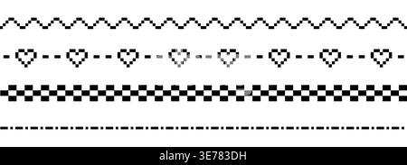 Seamless pixel border pattern set with hearts wave lines and checkered stripes in retro 8 bit style Stock Vector