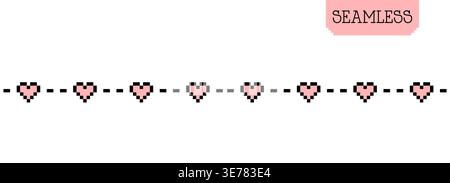 Seamless pixel heart border pattern with dotted line in retro 8 bit style on clean background Stock Vector