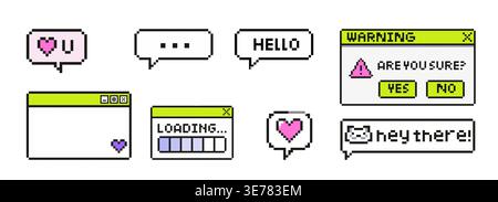 Pixel ui chat windows messages hearts and retro interface elements in 8 bit style on clean background Stock Vector