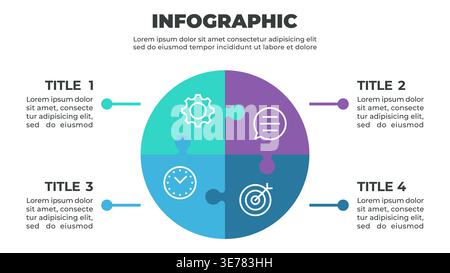 A colorful infographic illustrating a four-step process represented by four puzzle pieces arranged in a circle Stock Vector