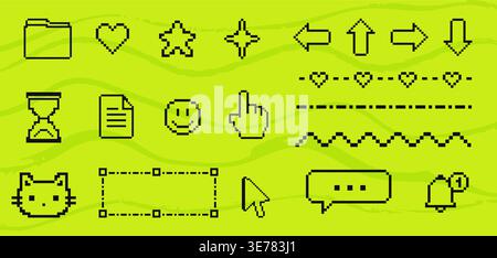 Pixel ui icons and elements including cursor arrows hearts and symbols on bright green background Stock Vector