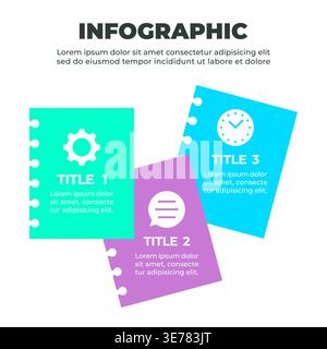 A colorful infographic illustrating a three-step process represented by three notebook pages with different icons Stock Vector
