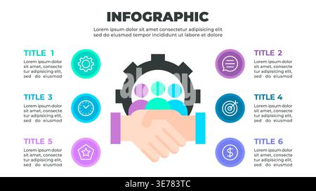 A colorful infographic illustrating a six-step process related to teamwork or collaboration, represented by two shaking hands surrounded by six icons Stock Vector