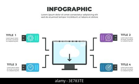 A colorful infographic illustrating the process of data transfer from local storage devices to cloud storage Stock Vector