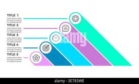 A colorful infographic illustrating a five-step process represented by five overlapping shapes Stock Vector