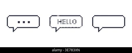 Pixel speech bubbles with hello message and chat icons in retro 8 bit style on clean background Stock Vector