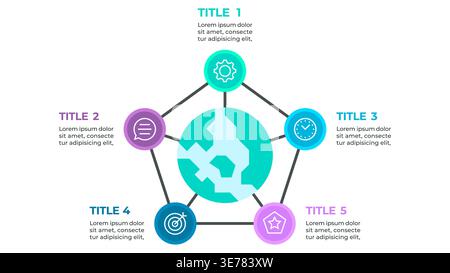 A colorful infographic illustrating a five-step process represented by five circles arranged in a pentagon shape Stock Vector