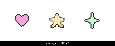 Set of colorful pixel symbols including heart star and sparkle used for interface decoration and game design Stock Vector