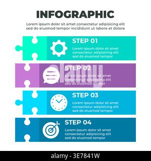 A colorful infographic illustrating a four-step process represented by four puzzle pieces arranged verticall Stock Vector