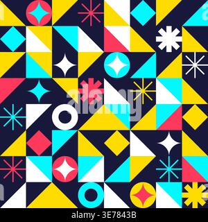 Colorful Abstract Geometric Pattern with Stars, Triangles, and Circles on Dark Background Vector Illustration Stock Vector