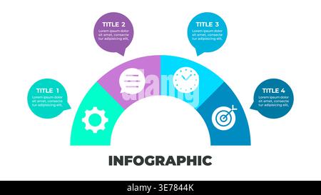 A colorful infographic illustrating a four-step process represented by four speech bubbles arranged in a semi-circular shape Stock Vector