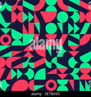 Bold Red and Green Abstract Geometric Pattern with Curved and Angular Shapes on Dark Background Stock Vector
