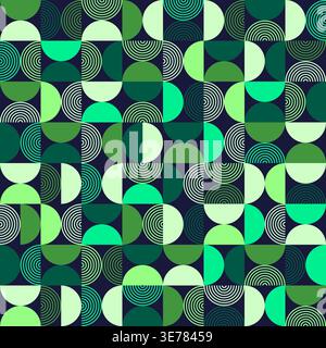 Green Toned Geometric Pattern with Circles and Semi-Circles on Dark Background Vector Illustration Stock Vector