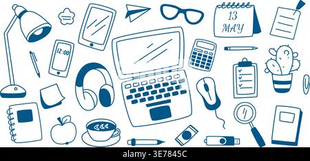 Workspace of office worker, student, or freelancer. Set of items for work or study in doodle style. Hand-drawn laptop, notes, stationery, desk lamp Stock Vector