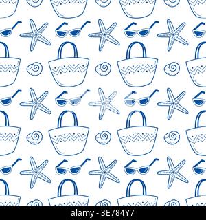 Summer beach vacation seamless pattern with blue line art icons of sunglasses, straw bag, starfish and seashell on white background Stock Vector
