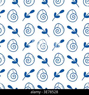 Marine seamless pattern with blue line art sea shells and aquatic plants on white background, nautical vector background for fabric and wrap Stock Vector