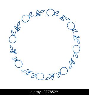 Orange fruit wreath frame in blue line art style, round citrus border vector illustration for organic logo, wedding invitation and label Stock Vector