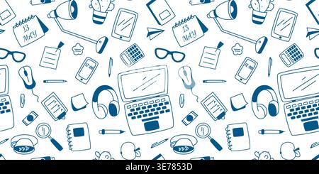 Seamless pattern workspace of office worker, student, or freelancer in blue ink Stock Vector