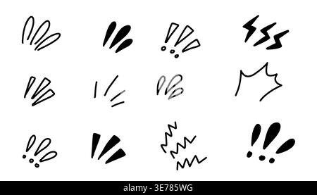 Doodle set of idea and exclamation symbols with explosion bursts in a comic manga style, perfect for expressing emphasis, attention, and dynamic Stock Vector