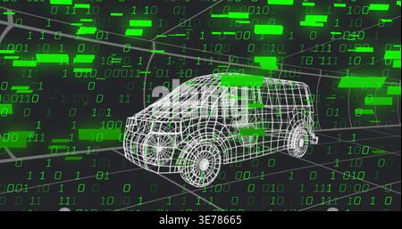 Rendering white wireframe SUV model sitting center in dark digital twin, with neon binary streams Stock Photo
