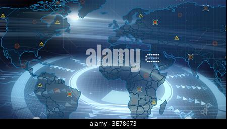 Displaying digital world map HUD over Africa at dashboard, showing HUD rings and grid Stock Photo