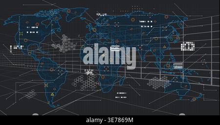 Displaying neon-blue global map over receding grid, showing hex clusters and orange node markers Stock Photo