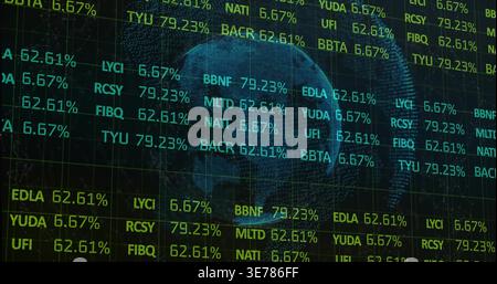 Displaying dotted wireframe globe centered on dark dashboard, showing LED tickers and percentages Stock Photo