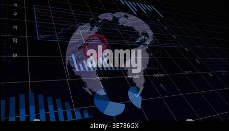 Showing dotted holographic Earth globe rotating in 3D data dashboard, with blue bars, red target Stock Photo