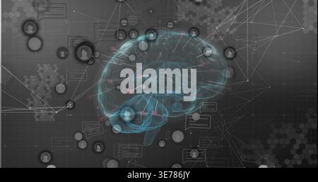 Displaying cyan wireframe brain hologram in virtual interface, showing avatar tokens, pink markers Stock Photo