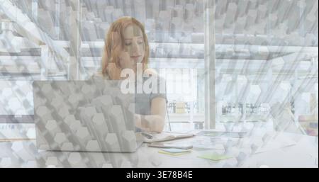 Laptop pinging, 3D red-haired woman typing and sorting notes, preparing slides in flat office Stock Photo