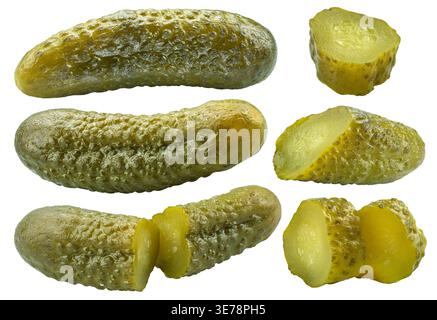 Pickled cucumbers and sliced gherkins isolated on white background. Organic healthy food product, cut out with clipping path, showing whole and sliced Stock Photo