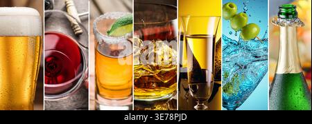 Vibrant collage showcasing a variety of refreshing alcoholic beverages, including beer, wine, whiskey, cocktails, and champagne, served in different g Stock Photo